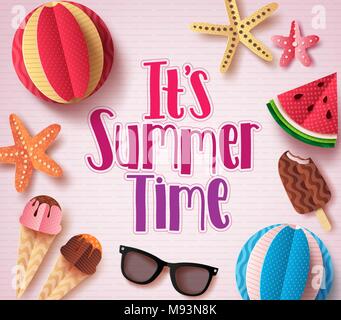 È estate tempo sfondo vettoriale design con testo colorato e il taglio della carta beach elementi nel libro bianco del modello per la stagione estiva. Illustrazione Vettoriale