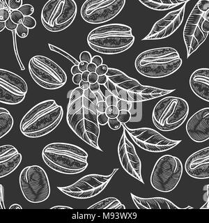 Rami di caffè. Illustrazione di foglie e frutti di caffè in stile sketch. Vintage sfondo con foglie e caffè. seamless pattern. Illustrazione Vettoriale