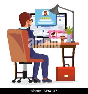 L'uomo iscritto Testimonial su Internet Online Store vettore. Votazione, Feedback, rating, è piaciuto. Illustrazione isolato Illustrazione Vettoriale