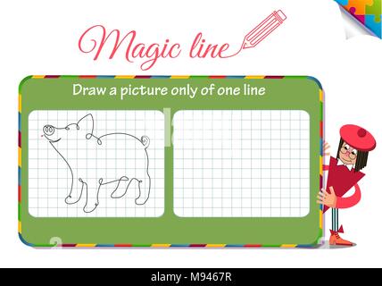 Visual gioco per bambini. Libro da colorare l'istruzione. Attività: disegna un quadro unico di una linea piggy Illustrazione Vettoriale