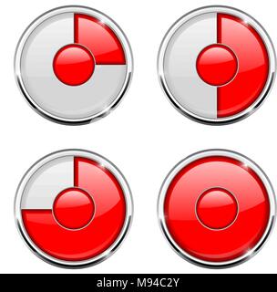 Round il processo di caricamento la relativa icona. Segno bianco e rosso con cornice cromata Illustrazione Vettoriale