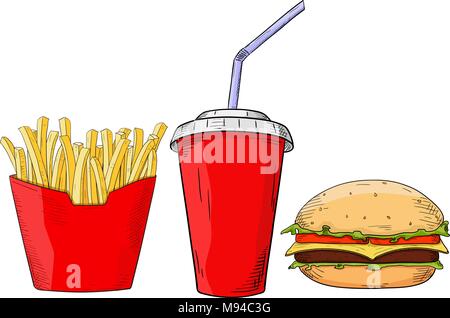 Il fast food set - cheeseburger, patatine fritte e bere. Schizzo Illustrazione Vettoriale