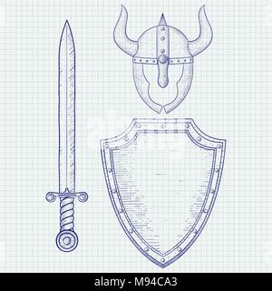 Il guerriero medievale attrezzatura. Scudo spada cornuto casco. Mano bozzetto Illustrazione Vettoriale