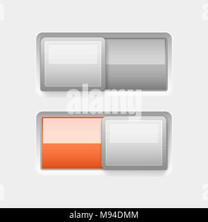 On e Off in plastica bianca pulsanti cursore con elemento arancione Illustrazione Vettoriale