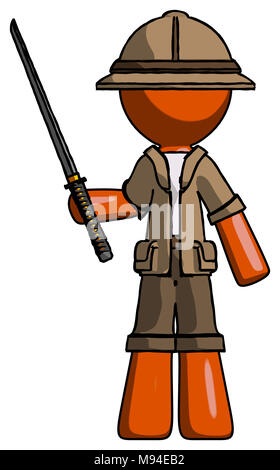 Orange explorer ranger uomo in piedi con ninja spada katana. Foto Stock