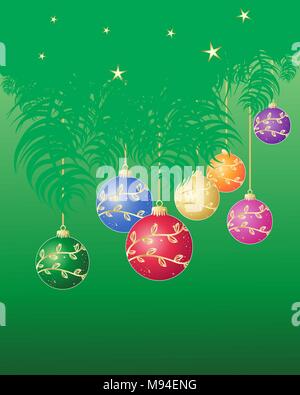 Una illustrazione di verde rami di pino e decorate a colori vivaci baubles di natale sul filo d'oro in un saluto formato carta Illustrazione Vettoriale