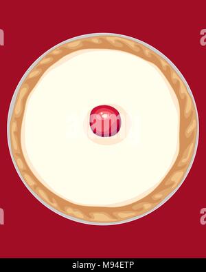 Una illustrazione di un individuo bakewell tart con red cherry fondente glassa bianca e dorata pasta sfoglia in un involucro di carta metallizzata su uno sfondo rosso Illustrazione Vettoriale