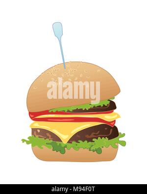 Una illustrazione vettoriale in formato eps formato 10 di una deliziosa American cursore burger in un panino con tutti i ritagli su sfondo bianco Illustrazione Vettoriale