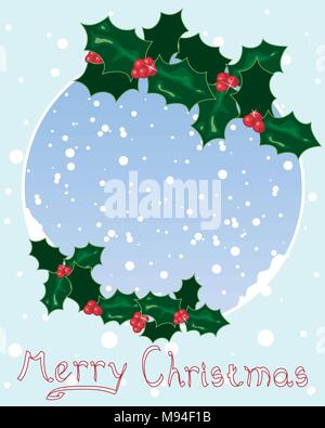 Una illustrazione di natale holly con il verde delle foglie e bacche rosse in un saluto nevoso design della scheda Illustrazione Vettoriale