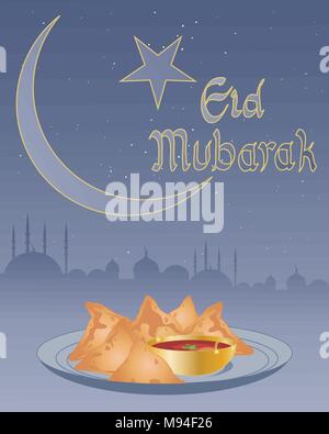 Illustrazione di una eid greeting card con una piastra di samosa skyline islamica e le parole felice eid su un cielo stellato sfondo Illustrazione Vettoriale