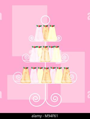 Una illustrazione vettoriale in formato eps di un abstract cake stand con inglese dolci madeleine su uno sfondo rosa Illustrazione Vettoriale