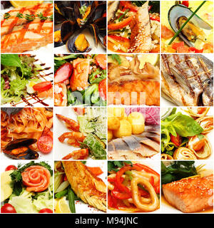 Collage di cibo. Ristorante gourmet a base di pesce e frutti di mare sullo sfondo Foto Stock