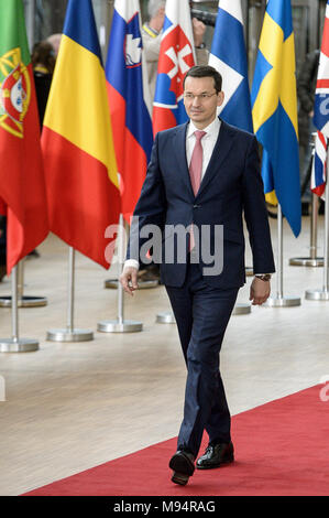 Bruxelles, BXL, Belgio. 22 Mar, 2018. Il Primo Ministro polacco Mateusz Morawiecki arriva per il Consiglio europeo, testa di unione di stati riuniti a Bruxelles in Belgio su 22.03.2018 da Wiktor Dabkowski Credito: Wiktor Dabkowski/ZUMA filo/Alamy Live News Foto Stock