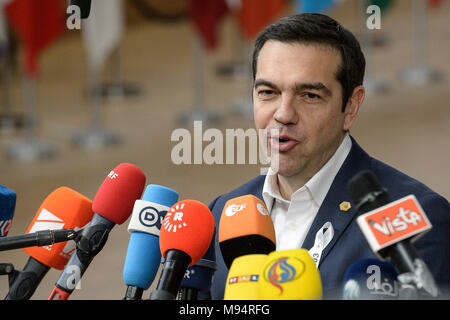 Bruxelles, BXL, Belgio. 22 Mar, 2018. Il Primo Ministro greco, Alexis Tsipras arriva per il Consiglio europeo, testa di unione di stati riuniti a Bruxelles in Belgio su 22.03.2018 da Wiktor Dabkowski Credito: Wiktor Dabkowski/ZUMA filo/Alamy Live News Foto Stock