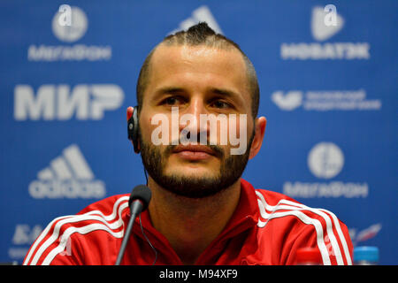 Mosca, Russia. 22nd Mar 2018. Il difensore nazionale russo di calcio Fedor Kudryashov ad una conferenza stampa in vista di una partita di test internazionale contro il Brasile allo stadio Luzhniki di Mosca. Foto Stock