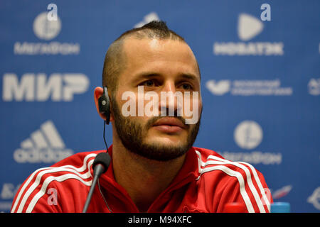 Mosca, Russia. 22nd Mar 2018. Il difensore nazionale russo di calcio Fedor Kudryashov ad una conferenza stampa in vista di una partita di test internazionale contro il Brasile allo stadio Luzhniki di Mosca. Foto Stock