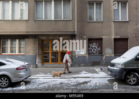 Una donna locale prende il suo cani di piccola taglia fuori per un freddo a piedi lungo Kostelni Street, Holesovice distretto, Praga 7, il 18 marzo 2018, a Praga e nella Repubblica Ceca. Foto Stock