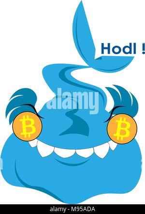 Soddisfatto di balena bitcoins con negli occhi il logo Hodl-illustrazione Illustrazione Vettoriale