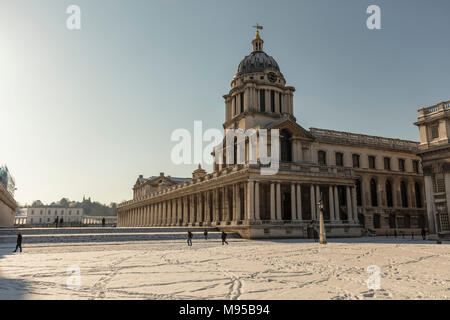 Il Royal Naval College di Londra Greenwich nella neve Foto Stock