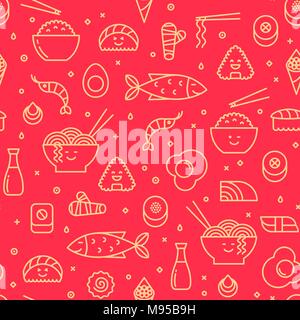 Vettore di divertimento seamless pattern con il cibo giapponese come il sushi, riso, rotoli, pesce. I colori rosso e giallo. Facce sorridenti, iconico stile linea, art. Illustrazione Vettoriale