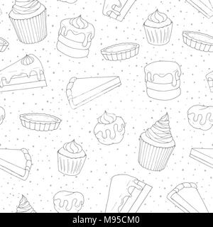 Disegnato a mano pasticceria vettore seamless pattern con torte, torte, muffin e eclairs coperto con topping. Dolci prodotti da forno contorni in stile sketchy Illustrazione Vettoriale