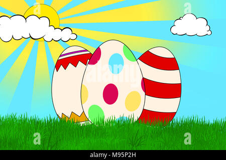 3 colorato decorato le uova di Pasqua su un campo di erba con il giallo del sole e nuvole bianche sul cielo blu Foto Stock