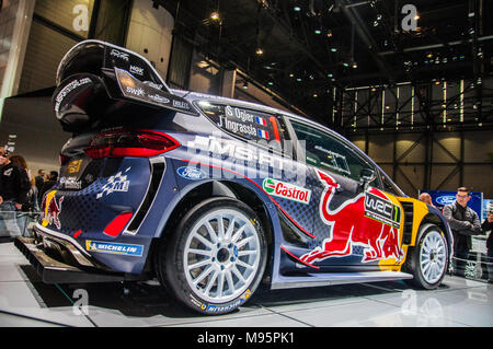 Ginevra, Svizzera - 17 Marzo 2018: Ford Fiesta WRC OGIER Superfast sports car presentata all'88Geneva International Motor Show Foto Stock