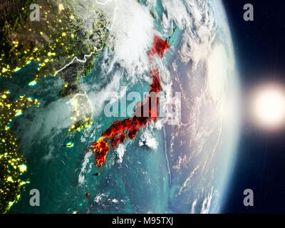 Giappone durante il sunrise evidenziata in rosso sul pianeta Terra con visibili i confini del paese. 3D'illustrazione. Gli elementi di questa immagine fornita dalla NASA. Foto Stock
