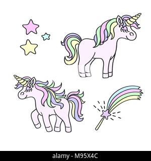 Unicorn, rainbow, stelle, bacchetta magica elemento vettore impostato Illustrazione Vettoriale
