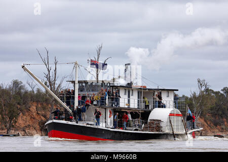 Battello a Vapore industria a monte per la cottura a vapore sul Fiume Murray a Curlwaa. PS Industria è normalmente basato fuori Renmark South Australia. Foto Stock