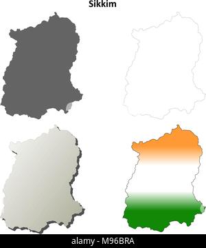 Il Sikkim blank dettagliata mappa di contorno impostato Illustrazione Vettoriale