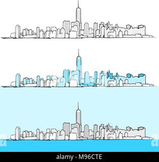 Tre versioni di New York skyline della citta'. Per il disegno vettoriale il concetto di arte per travel marketing Illustrazione Vettoriale