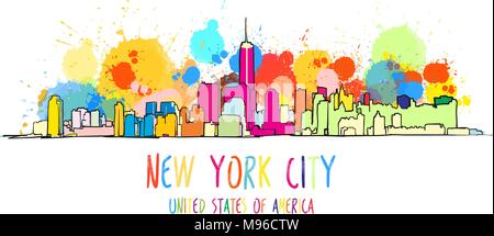 Colorato New York skyline della città disegno. Profilo di vettore per la versione digitale del prodotto e di marketing di viaggio. Illustrazione Vettoriale