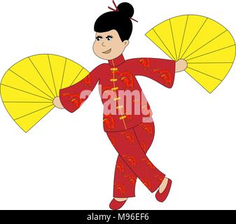 Ragazza Cinese in abiti tradizionali danze e agitando le ventole. Rosso cinese kimono con draghi Illustrazione Vettoriale