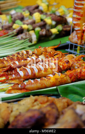 Asian Food La cucina in fiera, pesce alla griglia da calamari che marinato in spezie, peperoncino pronto per grill, close up di cibo tailandese, vietnamita street food Foto Stock