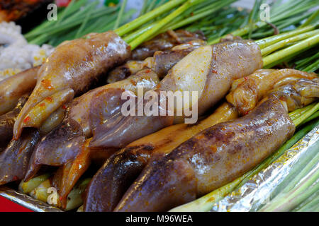 Asian Food La cucina in fiera, pesce alla griglia da calamari con erba di limone che marinato in spezie, peperoncino pronto per grill, close up di cibo tailandese, Vietnam Foto Stock