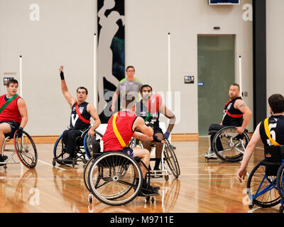 Melbourne, Australia. Il 23 marzo 2018. Sedia a rotelle 2018 Aussie Rules campionato nazionale. Medaglia di bronzo gioco tra Victoria e la forza di difesa 1. Ha vinto da Victoria. Credito Forrester Bill/Alamy Live News Foto Stock