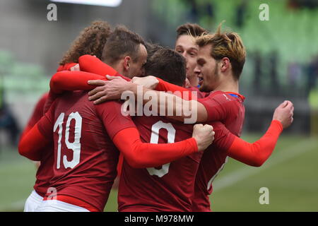 Karvina, Repubblica Ceca. 23 Mar, 2018. I giocatori di calcio ceca squadra nazionale U-21 celebrare un obiettivo durante la UEFA Europei Under-21 il qualificatore corrispondono, gruppo 1, Repubblica Ceca vs Croazia, a Karvina, Repubblica Ceca, il 23 marzo 2018. Credito: Jaroslav Ozana/CTK foto/Alamy Live News Foto Stock