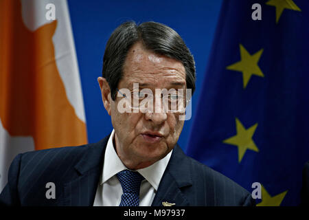 Bruxelles, Belgio. Il 23 marzo 2018. Nicos Anastasiades, Presidente di Cipro dà una conferenza stampa presso la conclusione di un vertice UE. Alexandros Michailidis/Alamy Live News Foto Stock