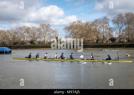 Putney, UK. 23 Mar, 2018. Il 23 marzo 2018. Gara in barca Gita in pratica. Come preparazione per il Cancer Research UK Le Regate del 24 marzo 2018, Oxford University Boat Club Blue conduce una pratica gita sulla barca gara Tideway corso. Coach Bowden Sean segue la barca la lista equipaggio:- OUBC equipaggio blu). Prua:- Claas Mertens, 2) Vassilis Ragoussis, 3) Cahill, 4) Anders Weiss, 5) Sarà Geffen, 6) Benedetto Aldous, 7) Iain Mandale, corsa:- Felix Drinkall, Cox:- Zachary Thomas Johnson. Credito: Duncan Grove/Alamy Live News Foto Stock