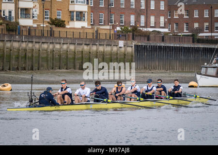 Putney, UK. 23 Mar, 2018. Il 23 marzo 2018. Gara in barca Gita in pratica. Come preparazione per il Cancer Research UK Le Regate del 24 marzo 2018, Oxford University Boat Club Blue conduce una pratica gita sulla barca gara Tideway corso. Coach Bowden Sean segue la barca la lista equipaggio:- OUBC equipaggio blu). Prua:- Claas Mertens, 2) Vassilis Ragoussis, 3) Cahill, 4) Anders Weiss, 5) Sarà Geffen, 6) Benedetto Aldous, 7) Iain Mandale, corsa:- Felix Drinkall, Cox:- Zachary Thomas Johnson. Credito: Duncan Grove/Alamy Live News Foto Stock