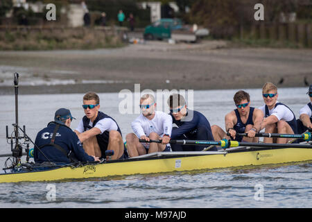 Putney, UK. 23 Mar, 2018. Il 23 marzo 2018. Gara in barca Gita in pratica. Come preparazione per il Cancer Research UK Le Regate del 24 marzo 2018, Oxford University Boat Club Blue conduce una pratica gita sulla barca gara Tideway corso. Coach Bowden Sean segue la barca la lista equipaggio:- OUBC equipaggio blu). Prua:- Claas Mertens, 2) Vassilis Ragoussis, 3) Cahill, 4) Anders Weiss, 5) Sarà Geffen, 6) Benedetto Aldous, 7) Iain Mandale, corsa:- Felix Drinkall, Cox:- Zachary Thomas Johnson. Credito: Duncan Grove/Alamy Live News Foto Stock