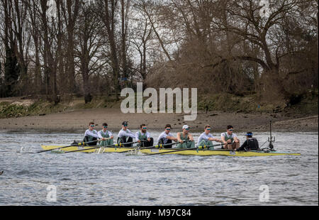 Putney, UK. Il 23 marzo 2018. Gara in barca Gita in pratica. Come preparazione per il Cancer Research UK Le Regate del 24 marzo 2018, Cambridge University Boat Club Blu dell equipaggio condurre una pratica gita sulla barca gara Tideway corso. Allenatore Steve Trapmore segue la barca la lista equipaggio:- CUBC equipaggio blu). Prua:- Charles Fisher 2) Patrick Elwood, 3) James Letten, 4) Dara Alizadeh, 5) Spencer Furey, 6) Finn Meeks, 7) Rob Hurn, corsa:- Freddie Davidson, Cox: Hugo Ramambason. Credito: Duncan Grove/Alamy Live News Foto Stock