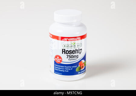 Integratore alimentare. Bottiglia di natura di aiuto di 750 mg di estratto di rosa canina capsule Foto Stock