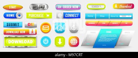 Raccolta di pulsanti Web, Set di elementi. Modelli di vettore, i banner e le etichette, media, nastri di icone per sito web o app, navigazione barre dei menu. Illustrazione Vettoriale