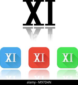 XI il numero romano icone. Set colorato con la riflessione Illustrazione Vettoriale