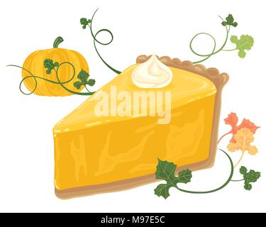 Una illustrazione vettoriale in formato eps di un pezzo di torta di zucca con una crema di vitigni di turbolenza fogliame e tutta la zucca su sfondo bianco Illustrazione Vettoriale