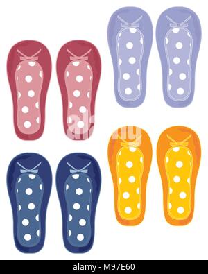 Una illustrazione di coloratissimi coppie di pompa di balletto pantofole con decorazione a nastro su sfondo bianco Illustrazione Vettoriale