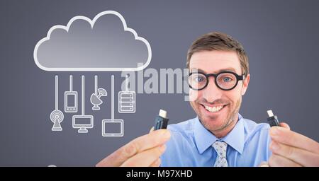 Uomo con collegamento filare con dispositivi di cloud Foto Stock