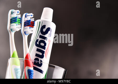 POZNAN, Polonia - Feb 14, 2018: segnale, una marca di dentifricio prodotta dalla società Unilever, in alcuni paesi anche venduta come Pepsodent, Mentadent, ZH Foto Stock